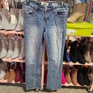 Daytrip Virgo Bootcut Jeans Medium Wash Blue Rhinestone Button 27L Long Inseam